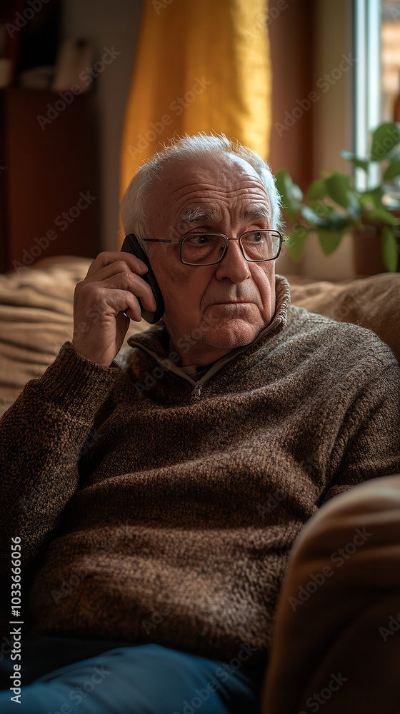 Elderly Man Expressing Anger Over Phone in Cozy Home Environment  