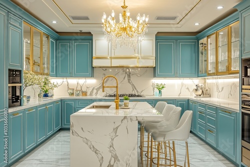 Luxury modern and vintage turquoise and white kitchen. Marble kitchen island with white owal chandelier . Gold tap on marble table top. Template, Generative AI photo