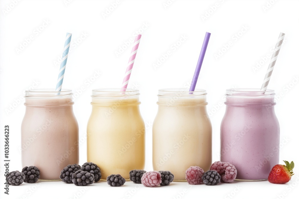 Four creamy smoothies in mason jars with striped straws, lined up in pastel colors, accompanied by frozen blackberries, raspberries, and a strawberry for a fresh, wholesome look Four creamy smoothies in mason jars with striped straws, lined up in pastel colors, accompanied by frozen blackberries, raspberries, and a strawberry for a fresh, wholesome look