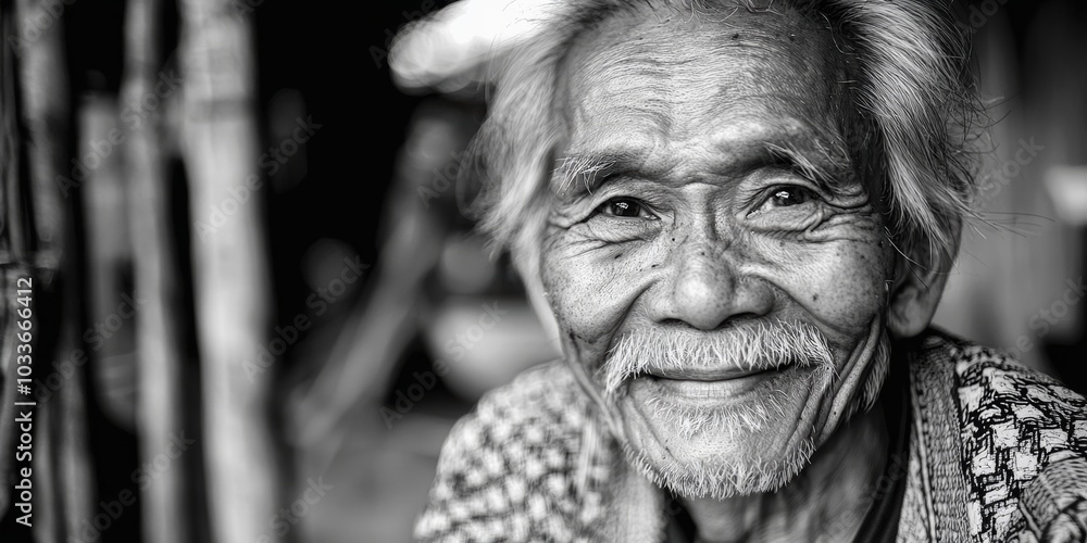 Elderly Man Smiling in Black and White Portrait Elderly Man Smiling in Black and White Portrait