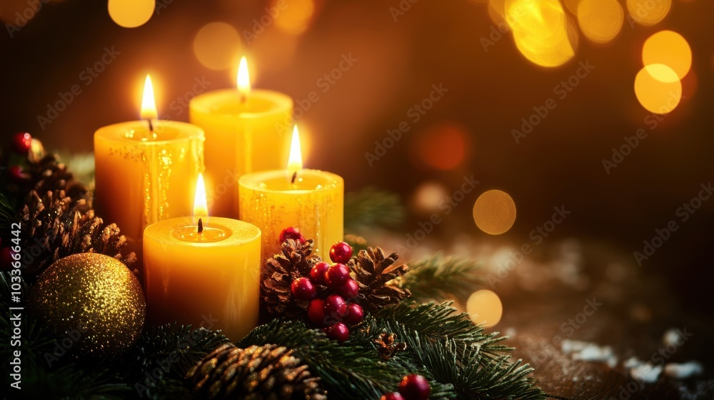 Flickering Christmas candles in a dark setting, casting a soft, warm glow. Ideal for holiday promotions or seasonal designs with copy space. Flickering Christmas candles in a dark setting, casting a soft, warm glow. Ideal for holiday promotions or seasonal designs with copy space.