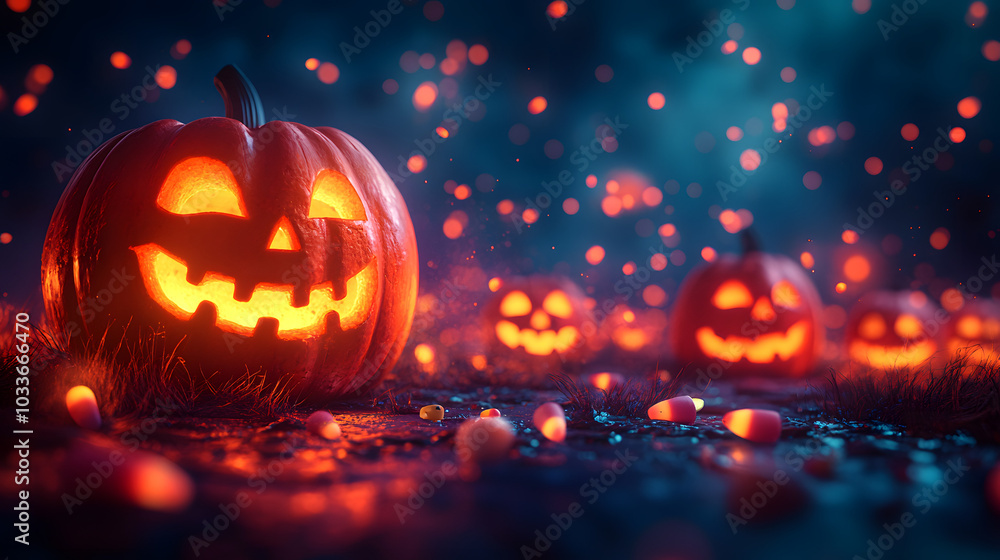 A Digital Animation of Pumpkins and Candy Corn Floating in a Spooky Halloween Scene.
A Digital Animation of Pumpkins and Candy Corn Floating in a Spooky Halloween Scene.