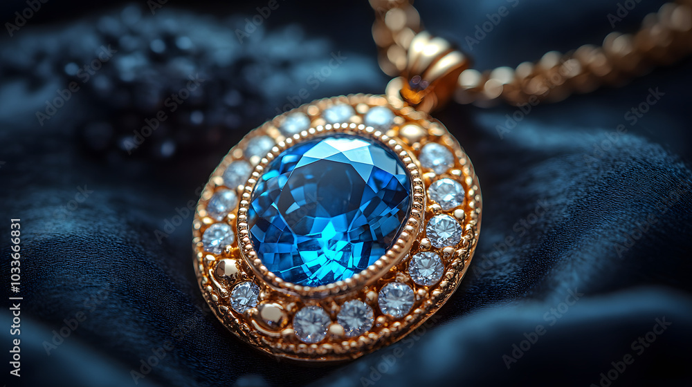 A Close-Up of an Elegant Gold Necklace with a Large Blue Gemstone Pendant.
A Close-Up of an Elegant Gold Necklace with a Large Blue Gemstone Pendant.