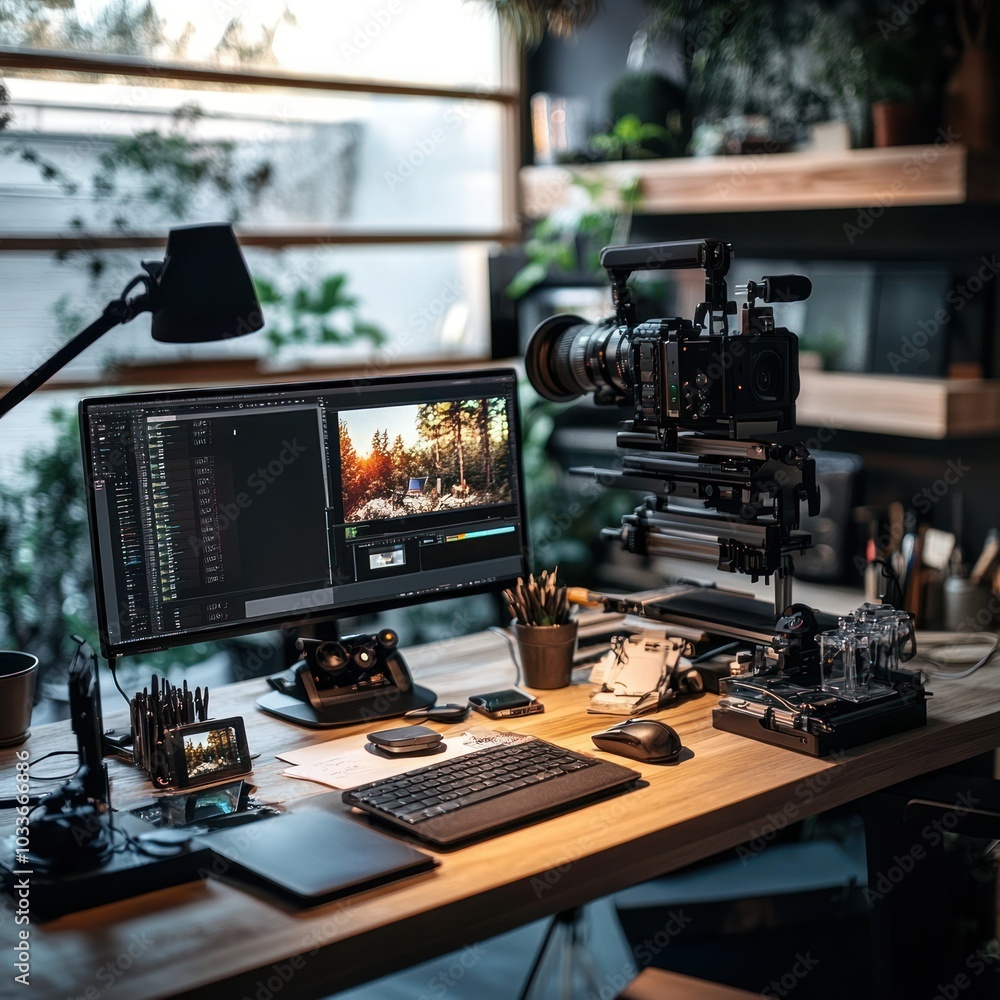 Video production setup in workspace Video production setup in workspace