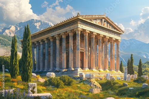The Temple of Artemis, an ancient wonder of the world, renowned for its magnificent architecture and cultural significance. This grand temple, dedicated to the goddess Artemis, features intricate colu