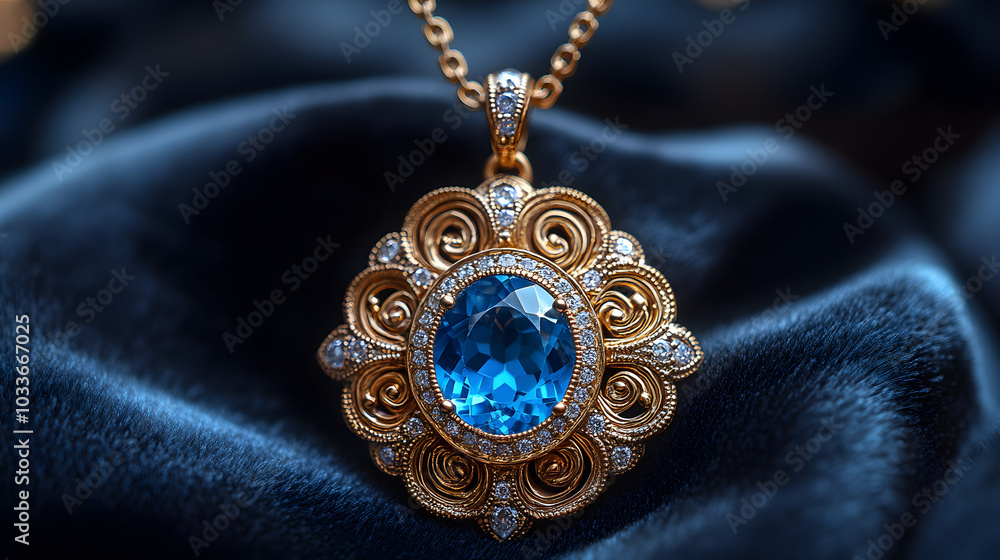 A Close-Up of an Elegant Gold Necklace with a Large Blue Gemstone Pendant.
A Close-Up of an Elegant Gold Necklace with a Large Blue Gemstone Pendant.