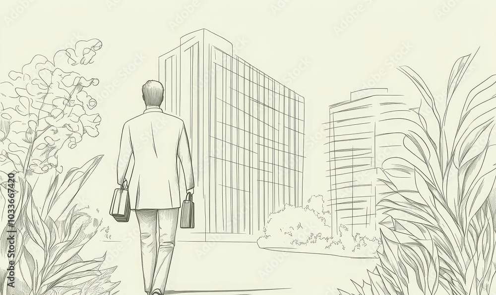 Man walking with two briefcases towards tall buildings. Man walking with two briefcases towards tall buildings.