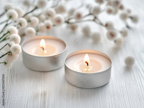 Two lit candles positioned on a rustic wooden surface, surrounded by delicate white berries, creating a serene and calming ambiance.