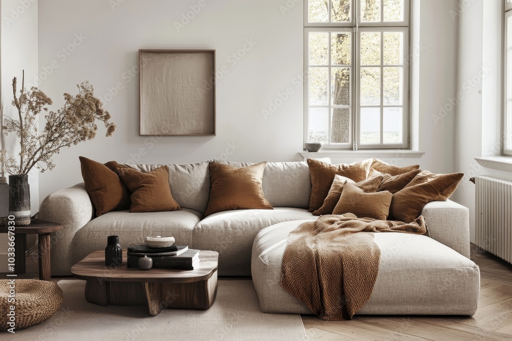 Modern scandianvian decor of living room with design sofa with elegant blanket, coffee table and bookstand on the white wall. Brown wooden parquet. Concept of minimalistic, Generative AI Modern scandianvian decor of living room with design sofa with elegant blanket, coffee table and bookstand on the white wall. Brown wooden parquet. Concept of minimalistic, Generative AI