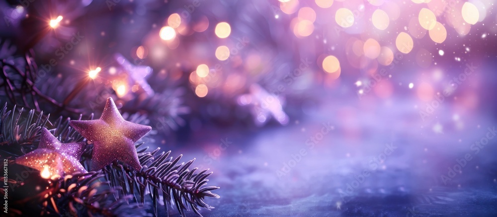 Fototapeta premium Sparkling Christmas on Snowy Fir Tree Branches with Glittering Lights Festive holiday background with twinkling fairy lights baubles and a starry icy atmosphere