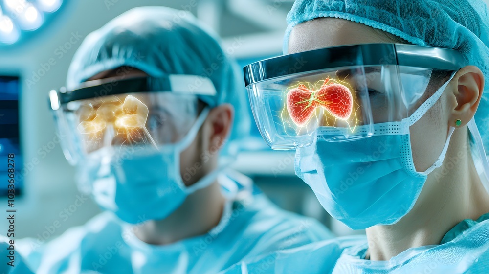 Two medical professionals wearing protective gear and specialized goggles are focused on intricate surgical procedures, highlighting advancements in healthcare technology. Two medical professionals wearing protective gear and specialized goggles are focused on intricate surgical procedures, highlighting advancements in healthcare technology.