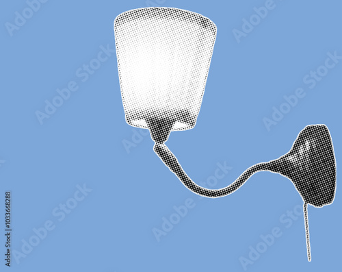 close up a lighting lamp hanging on the wall pixelate grayscale color halftone dotted texture style collage element isolated on blue background