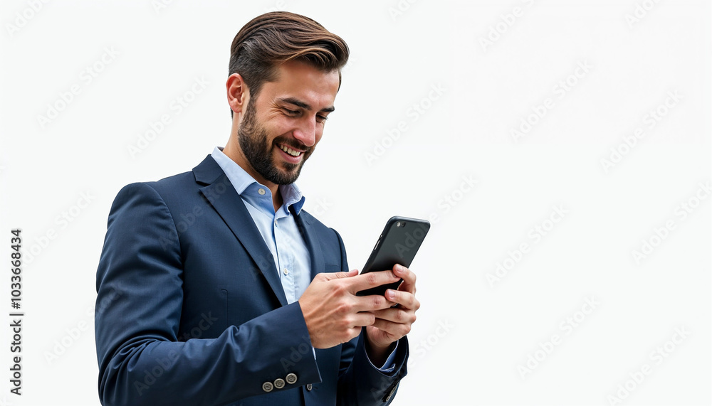 A middle-aged Caucasian man with short brown hair and a beard, wearing a blue suit, smiling and using a smartphone A middle-aged Caucasian man with short brown hair and a beard, wearing a blue suit, smiling and using a smartphone