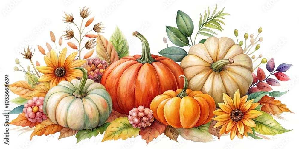 Autumn watercolor composition of pumpkins, flowers, and leaves Autumn watercolor composition of pumpkins, flowers, and leaves