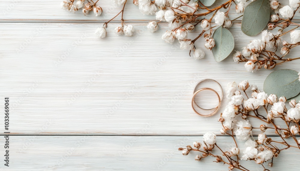 A serene arrangement of wedding rings with delicate flowers and greenery on a rustic wooden surface. A serene arrangement of wedding rings with delicate flowers and greenery on a rustic wooden surface.