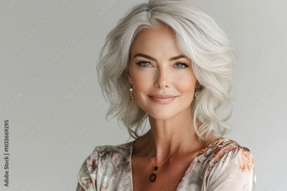 Fototapeta premium Portrait of Beautiful Mature Woman Smiling and Looking at Camera Against White Background