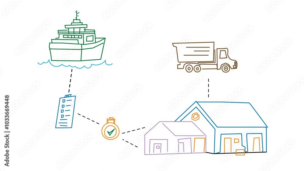 Logistics and Supply Chain Concept Animation. Drawing Sketch of a cargo ship, truck, and warehouse all connected by dotted lines. Inventory and Logistical Operations Management. Logistics and Supply Chain Concept Animation. Drawing Sketch of a cargo ship, truck, and warehouse all connected by dotted lines. Inventory and Logistical Operations Management.