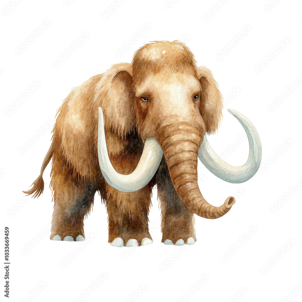 Obraz premium Watercolor illustration of a woolly mammoth, isolated, prehistoric animal concept. 
