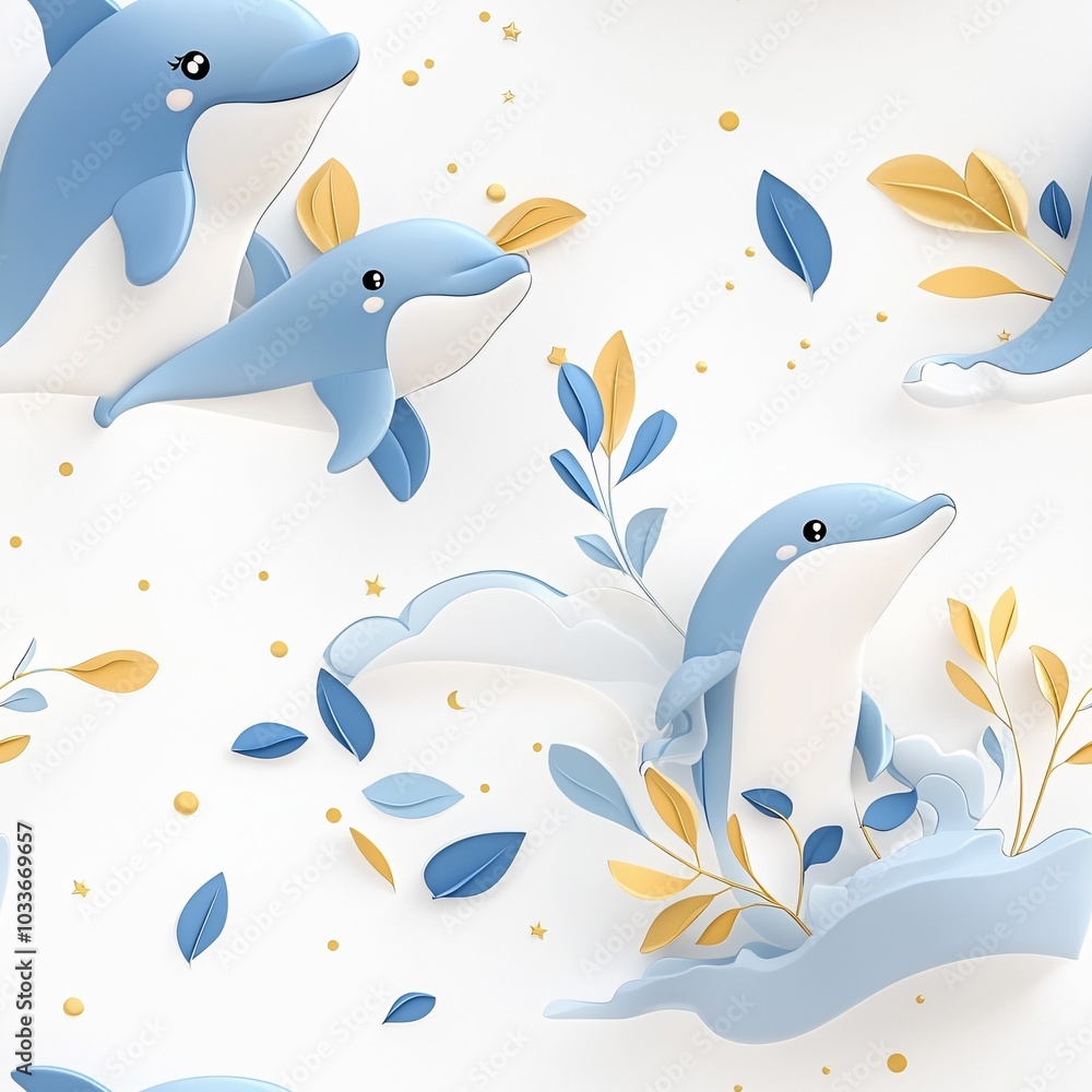 Obraz premium A playful illustration of blue dolphins swimming amid golden leaves and splashes of water on a white background.