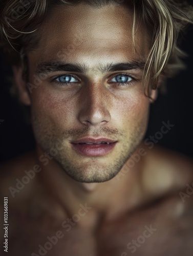 Intense Gaze: A captivating portrait of a young man with piercing blue eyes, his gaze locked directly on the viewer, creating an intimate and enigmatic connection. 