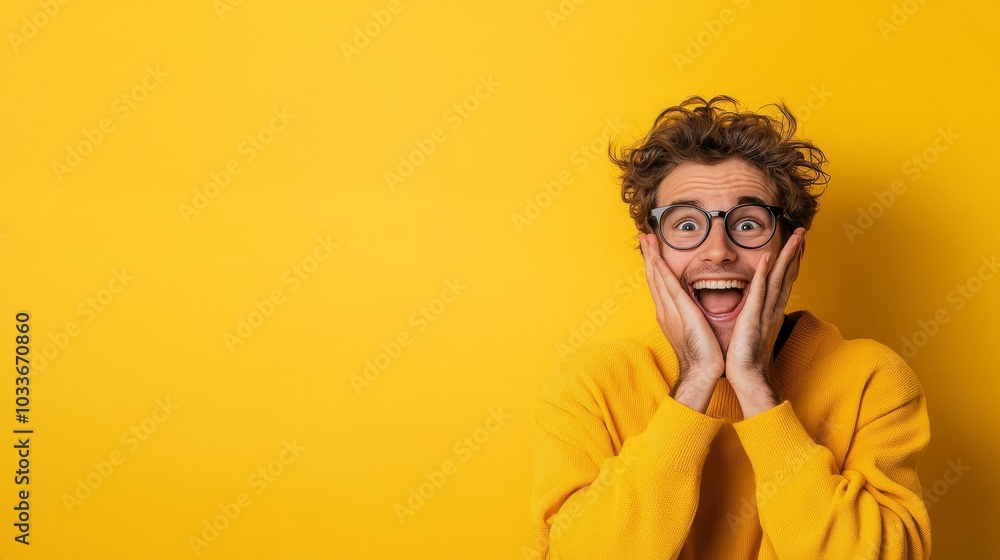 A joyful person in a bright yellow sweater, expressing excitement with hands on face against a vibrant yellow background. A joyful person in a bright yellow sweater, expressing excitement with hands on face against a vibrant yellow background.