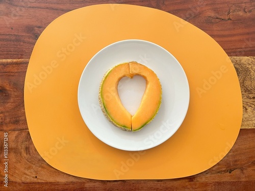 Heart-shaped cantaloupe slices on a white plate, set against a vibrant orange placemat and wooden table, creating a minimalist and artistic food presentation.