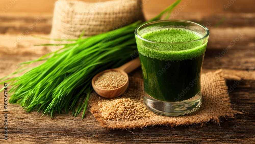 Green organic wheat grass drink over wood background,young grass stage. Fresh juice. Green organic wheat grass drink over wood background,young grass stage. Fresh juice.