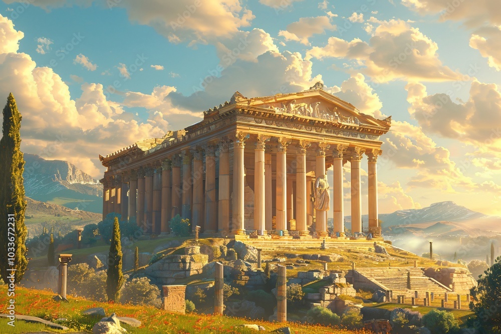 Obraz premium The Temple of Artemis, an ancient wonder of the world, renowned for its magnificent architecture and cultural significance. This grand temple, dedicated to the goddess Artemis, features intricate colu
