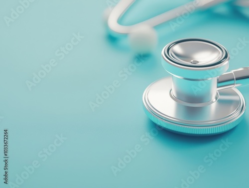 A close-up of a silver stethoscope on a vibrant turquoise surface, symbolizing medical care and health.