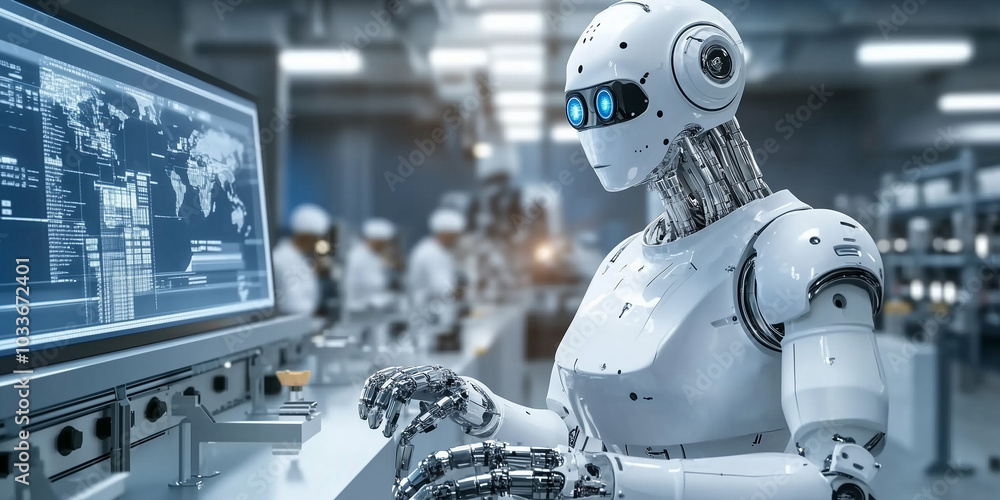 Modern AI Robot Operating Machinery on Assembly Line in High-Tech Factory, Showcasing Advanced Equipment and Skilled Workers in a Photorealistic Style.
Modern AI Robot Operating Machinery on Assembly Line in High-Tech Factory, Showcasing Advanced Equipment and Skilled Workers in a Photorealistic Style.