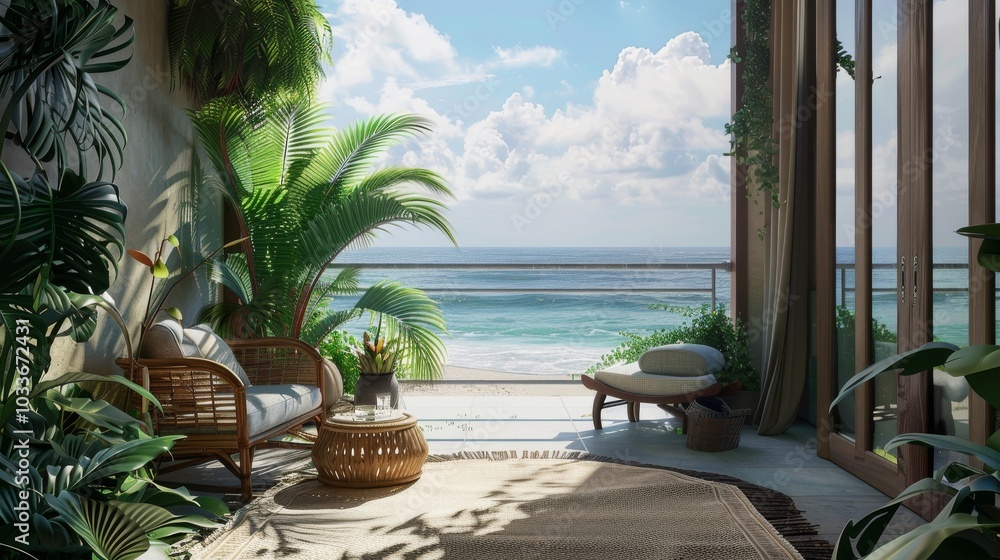 Fototapeta premium Ultra detailed balcony with oceanfront scenery, featuring a cozy seating area