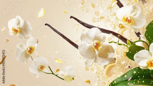 Fototapeta Naklejka Na Ścianę i Meble -  A vibrant visual of flying vanilla sticks and delicate orchid flowers against a soft beige background, emphasizing natural beauty