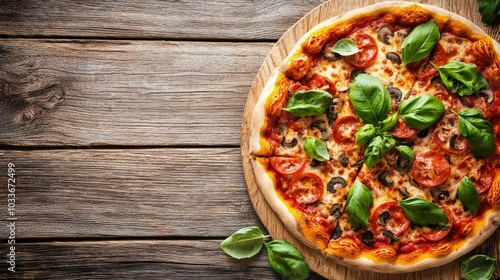 A delicious pizza topped with fresh basil and tomatoes, served on a rustic wooden surface.