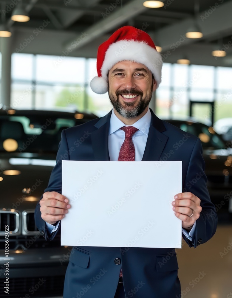 Smiling man in Christmas hat and suit with white empty sheet in his hands in car dealership Smiling man in Christmas hat and suit with white empty sheet in his hands in car dealership