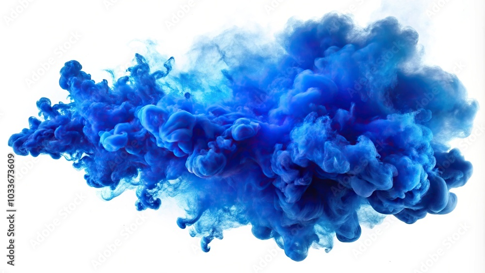 Explosive blue smoke in a long shot on white background Explosive blue smoke in a long shot on white background