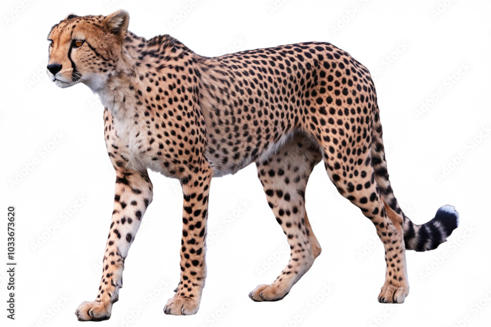 A full-body shot of a cheetah walking. The cheetah is spotted and has a white face. A full-body shot of a cheetah walking. The cheetah is spotted and has a white face.