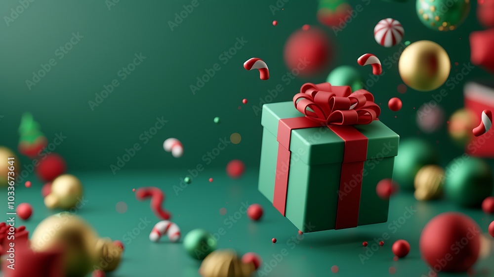 3D Rendering of Christmas Gift Box on Green Background 3D Rendering of Christmas Gift Box on Green Background