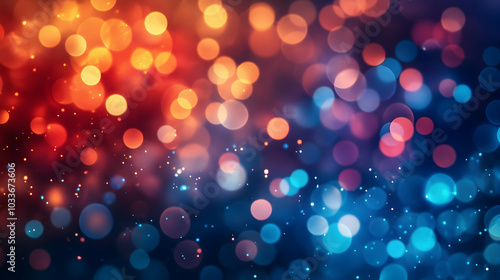 Colorful bokeh lights in red, blue, and orange creating a festive and lively abstract background -