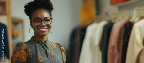 Smiling woman in stylish outfit, showcasing fashion store background