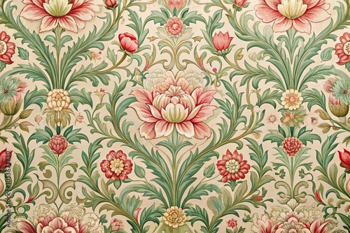 Extreme close-up background of a floral pattern wallpaper in romantic French vintage Art Nouveau style