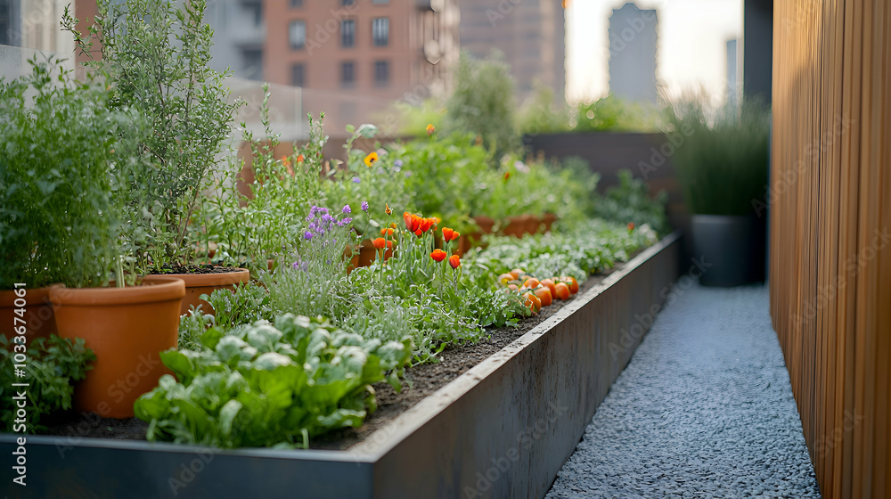 Fototapeta premium A rooftop garden with rows of vegetable beds, herbs, and flowers, providing a sustainable green space in the city