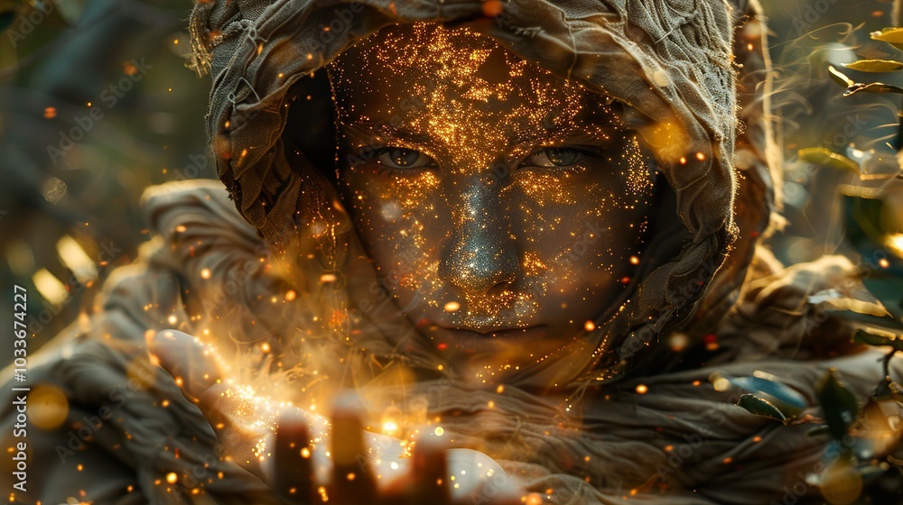 Mystical Woman with Glowing Face and Sparkles Mystical Woman with Glowing Face and Sparkles