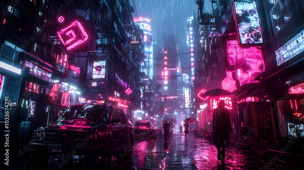 Obraz premium Dark cyberpunk city street illuminated by neon lights, creating a moody atmosphere -