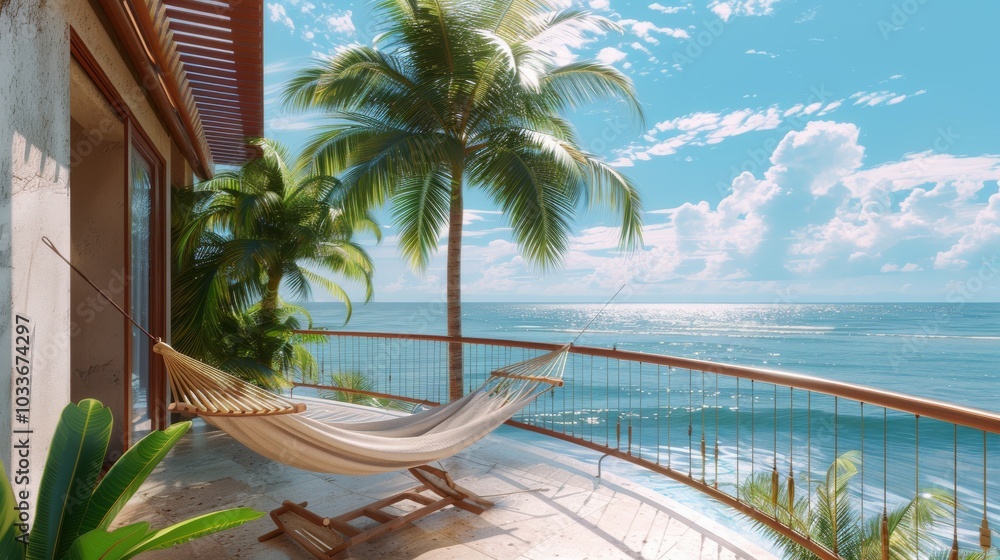 Fototapeta premium Ultra detailed balcony with oceanfront scenery, featuring a large umbrella
