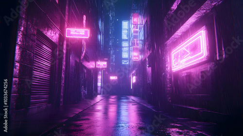 A dimly lit street in a cyberpunk city, aglow with vibrant neon lights, establishes a somber and atmospheric setting.