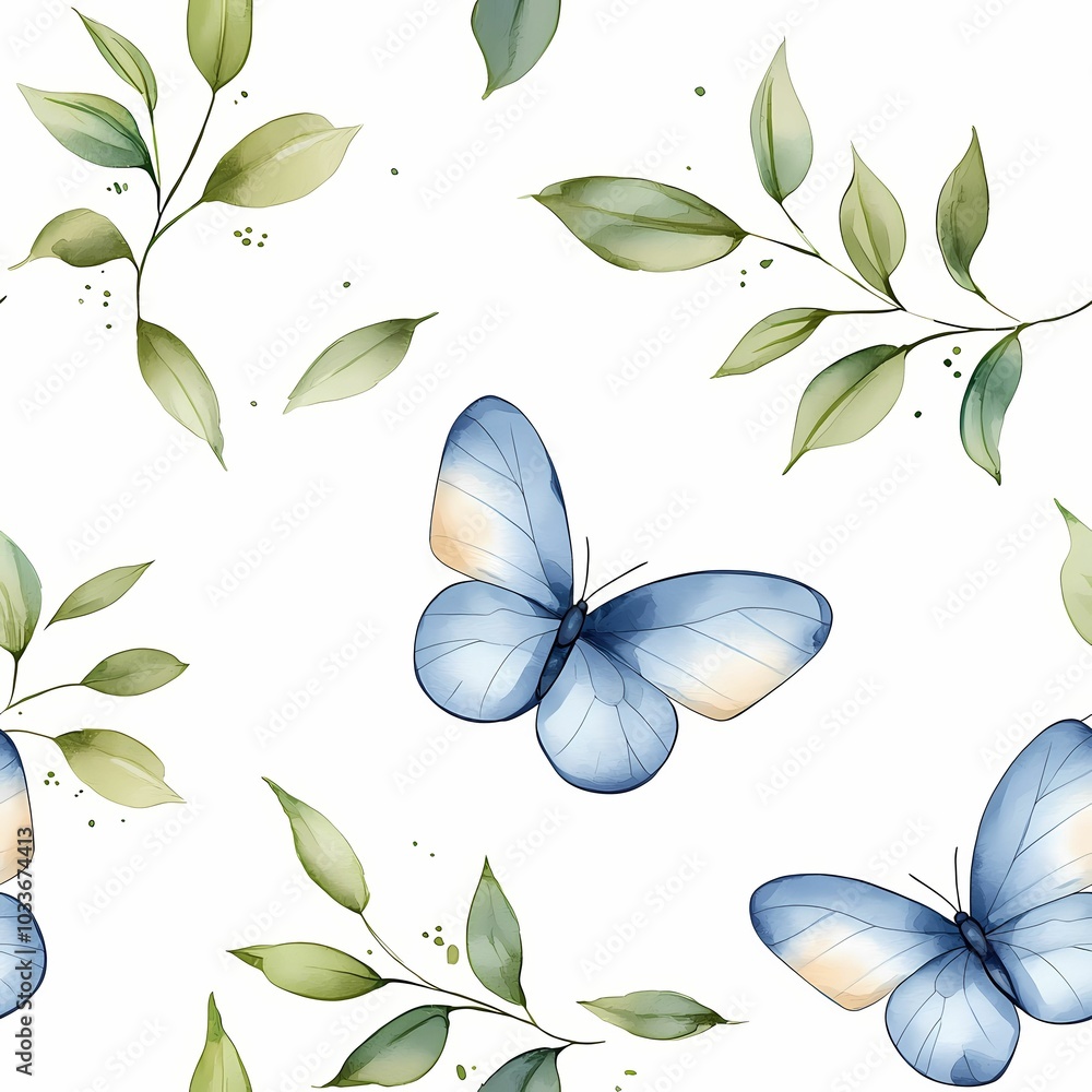 A serene pattern featuring blue butterflies among green leaves on a white background, evoking a fresh and natural atmosphere. A serene pattern featuring blue butterflies among green leaves on a white background, evoking a fresh and natural atmosphere.