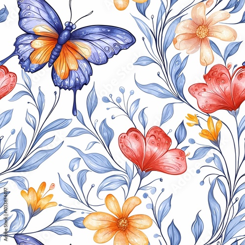 A vibrant floral pattern featuring colorful flowers and a butterfly, ideal for decor or fabric designs.