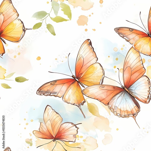 Colorful butterflies flutter against a soft, watercolor background, creating a whimsical and serene atmosphere.