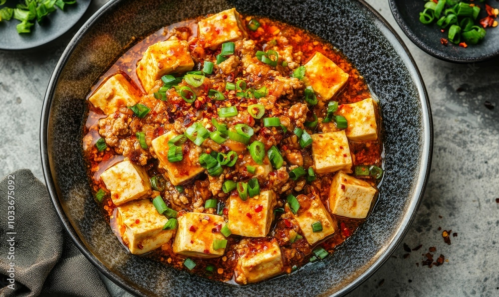 Spicy tofu dish with meat and scallions. Spicy tofu dish with meat and scallions.