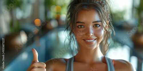 Wallpaper Mural A portrait of a beautiful Western woman in a gym, showcasing her strength and fitness enthusiasm. She is giving a thumbs up, radiating positivity and encouragement. This image captures the spirit of m Torontodigital.ca